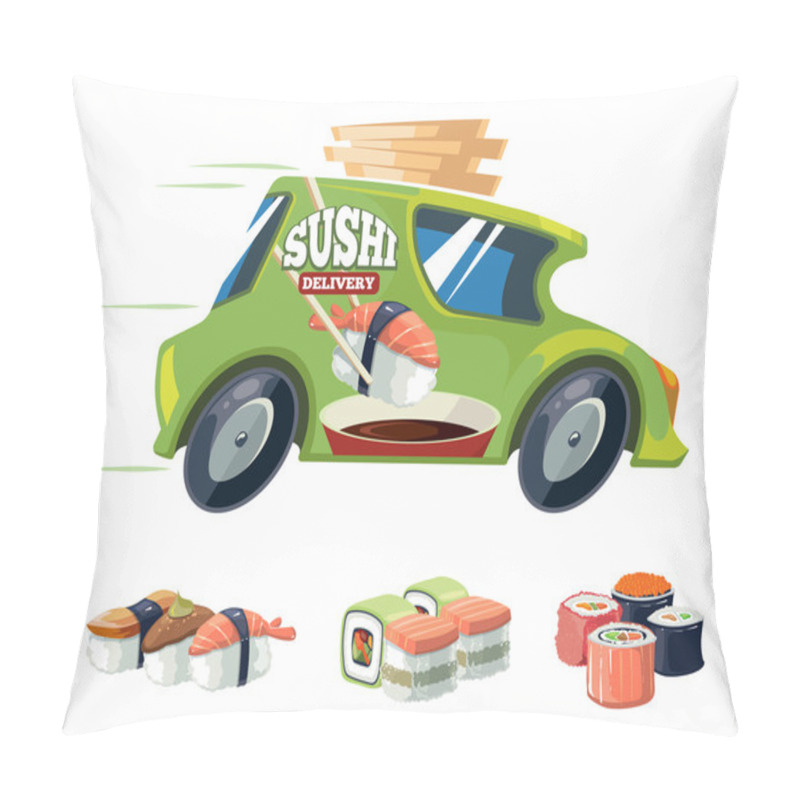 Personality  Vector Illustration Of Sushi Delivery Green Car Pillow Covers