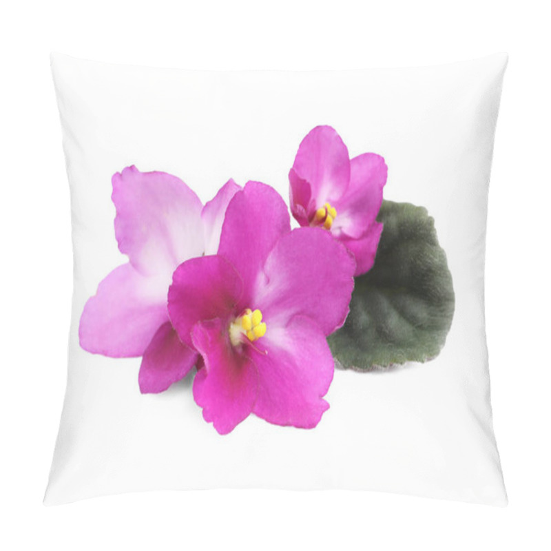 Personality  Pink Flowers Of Violet Plant And Green Leaf On White Background Pillow Covers