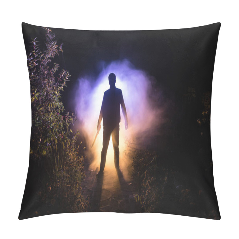 Personality  Silhouette Of Person Standing In The Dark Forest With Light. Horror Halloween Concept. Strange Silhouette In A Dark Spooky Forest At Night Pillow Covers