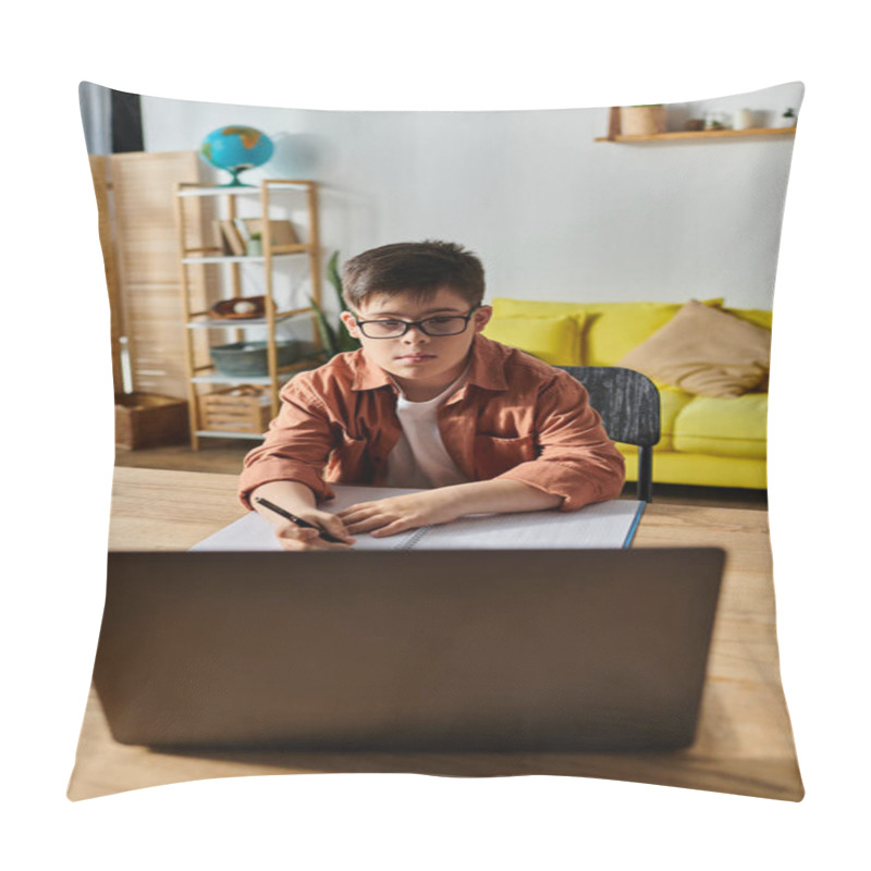 Personality  A Boy With Down Syndrome Sitting At Table, Using Laptop. Pillow Covers