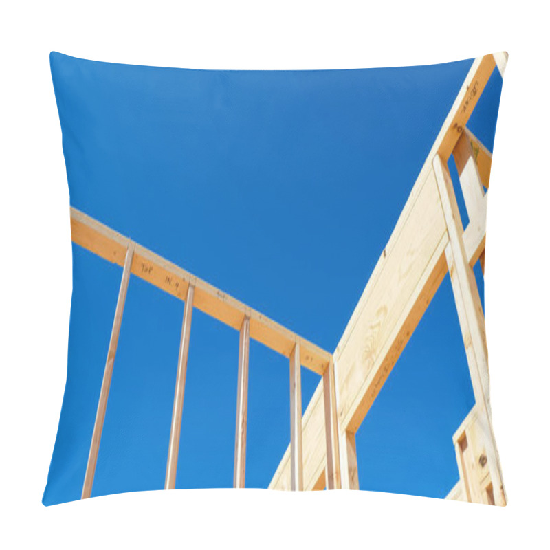 Personality  Panorama Wooden Exterior Interior Walls Framing House, Rough Openings For Doors And Windows On Newly Set Foundation Of Medium Size Single Family Residential Home In Dallas, Texas, Clear Blue Sky. USA Pillow Covers