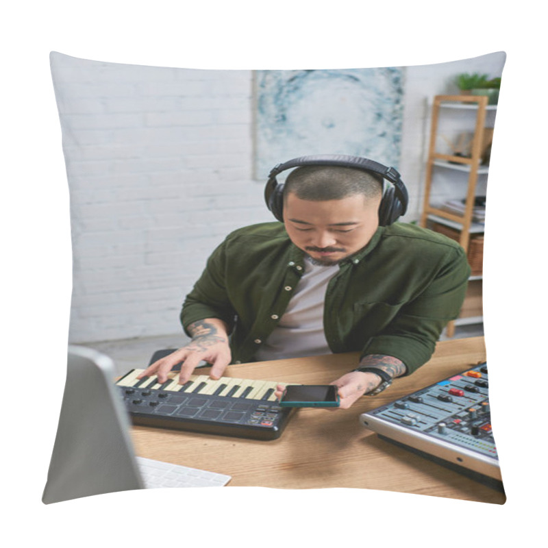 Personality  A Talented Asian Man In Casual Attire Sits At A Desk In His Studio, Working On Music With Various Instruments. Pillow Covers