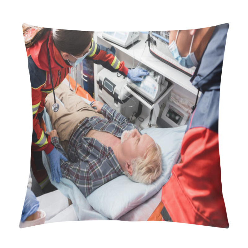 Personality  Selective Focus Of Paramedics In Medical Masks And Doctor Standing Near Senior Patient In Ambulance Car  Pillow Covers