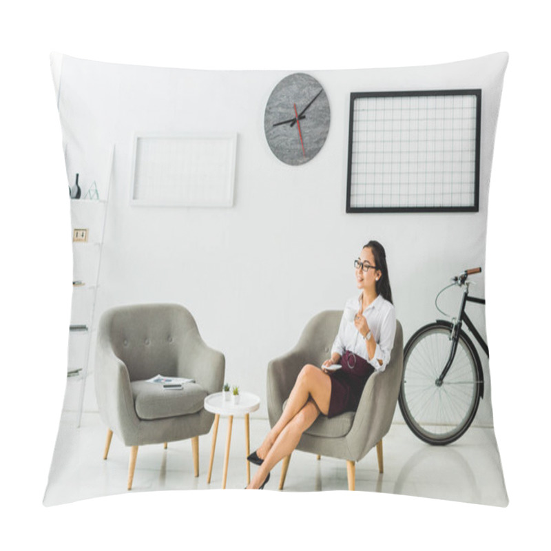 Personality  Smiling Asian Businesswoman Sitting On Armchair With Coffee Cup In Modern Office  Pillow Covers