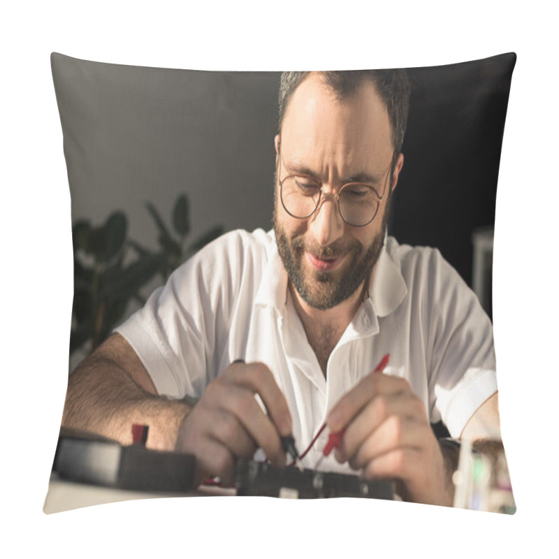 Personality  Smiling Man Using Multimeter While Fixing Pc Pillow Covers