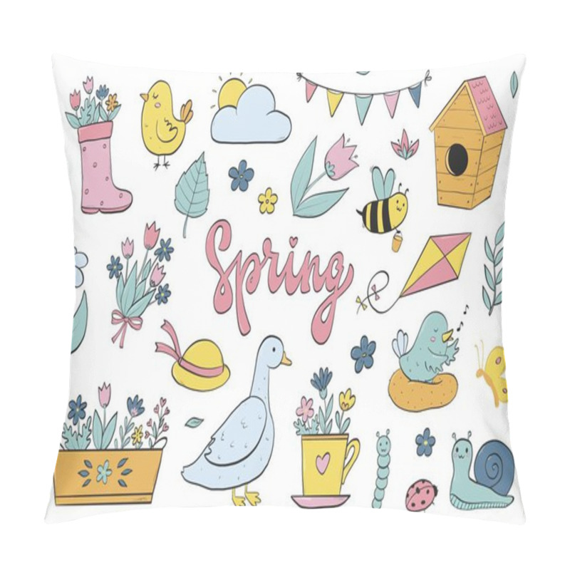 Personality  Spring Doodles Collection, Spring Cartoon Elements For Stickers, Clip Art, Prints, Cards, Posters, Banners, Signs, Icons, Etc. EPS 10 Pillow Covers