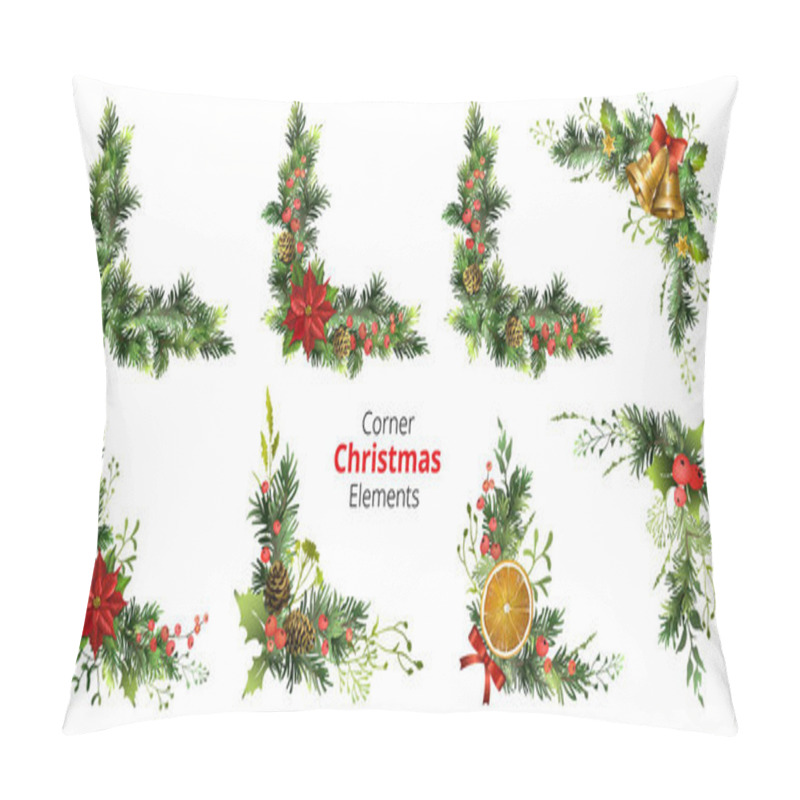 Personality  Set Of Corner Christmas Elements With Poinsettia, Berries, Cones, Jingle Bells, Orange Slices. Spruce Corner Garlands. Vector Illustration. Pillow Covers