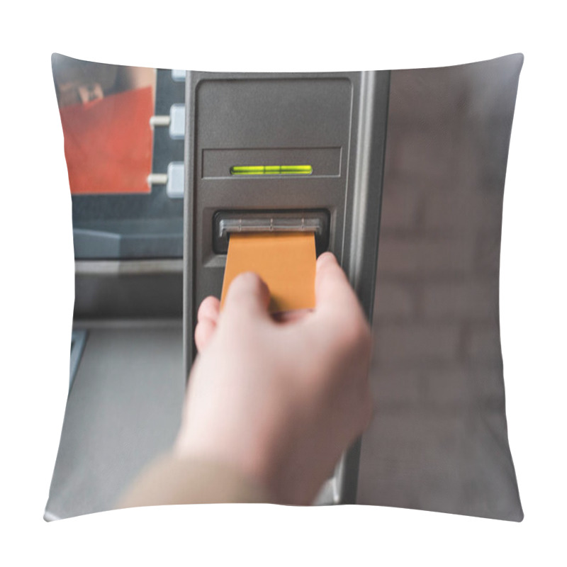 Personality  Cropped View Of Man Holding Credit Card While Using Atm  Pillow Covers