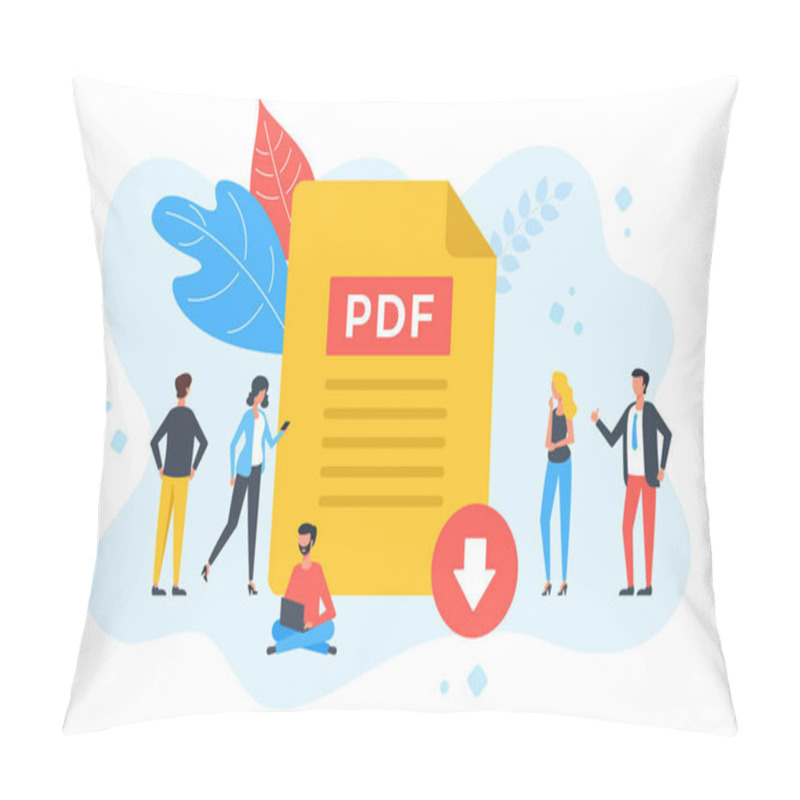 Personality  Download PDF File. Group Of People With PDF Document And Download Button. Modern Flat Design. Vector Illustration Pillow Covers