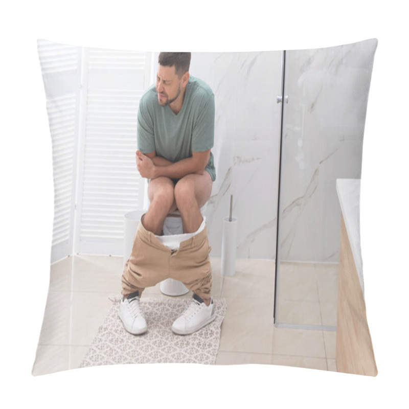 Personality  Man Suffering From Hemorrhoid On Toilet Bowl In Rest Room Pillow Covers