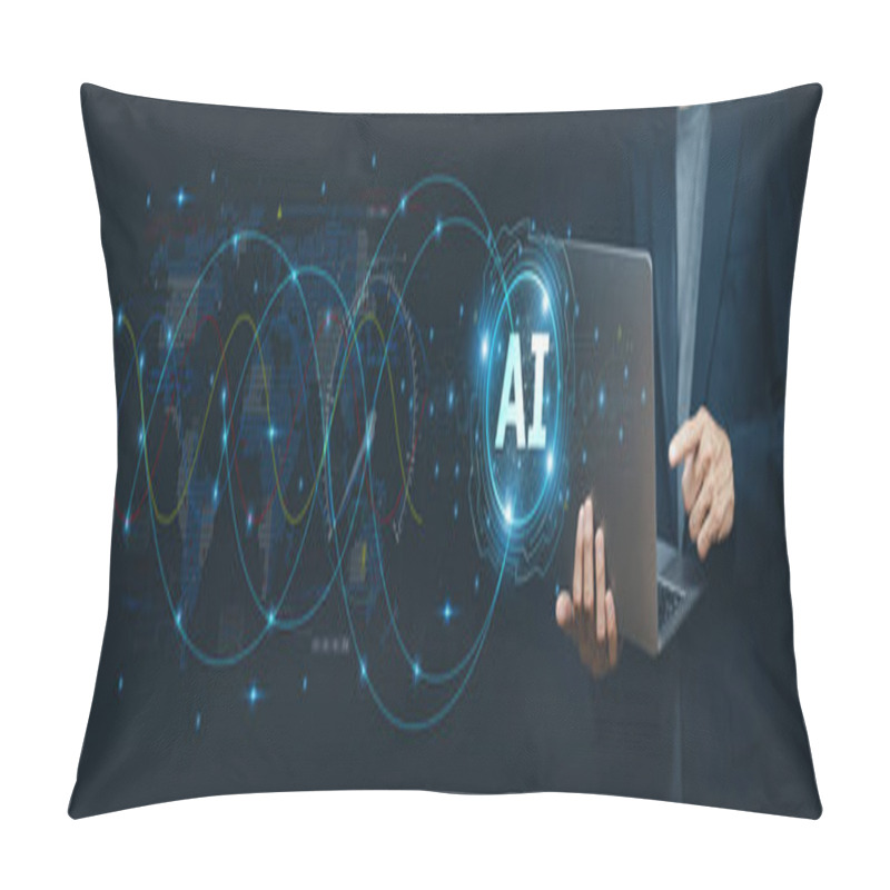 Personality  Businessman Using Ai Artificial Intelligence Management In Logistic System Support Human Work And Reduce Time To Work In Process.AI Assitant Planing To Import Export For Business. Pillow Covers