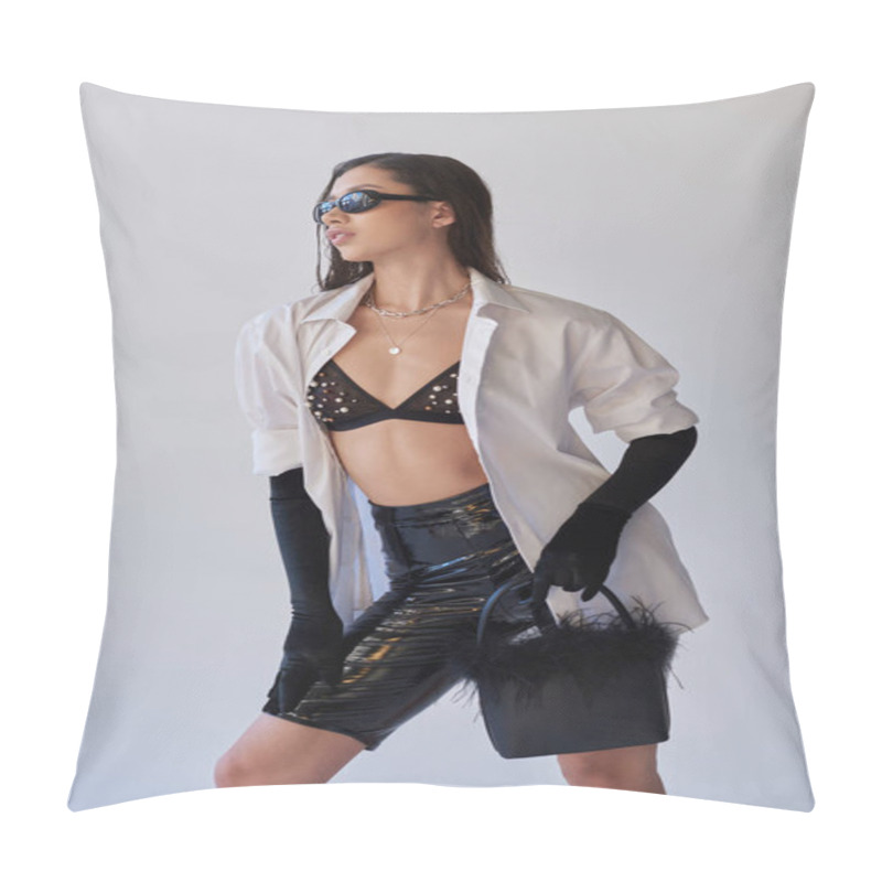 Personality  Personal Style, Fashion Forward, Asian Woman In Sunglasses Posing With Feathered Purse On Grey Background, Young Model In Latex Shorts, Black Gloves And White Shirt, Conceptual  Pillow Covers