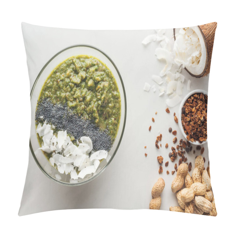 Personality  top view of fresh green smoothie bowl with ingredients on white background pillow covers