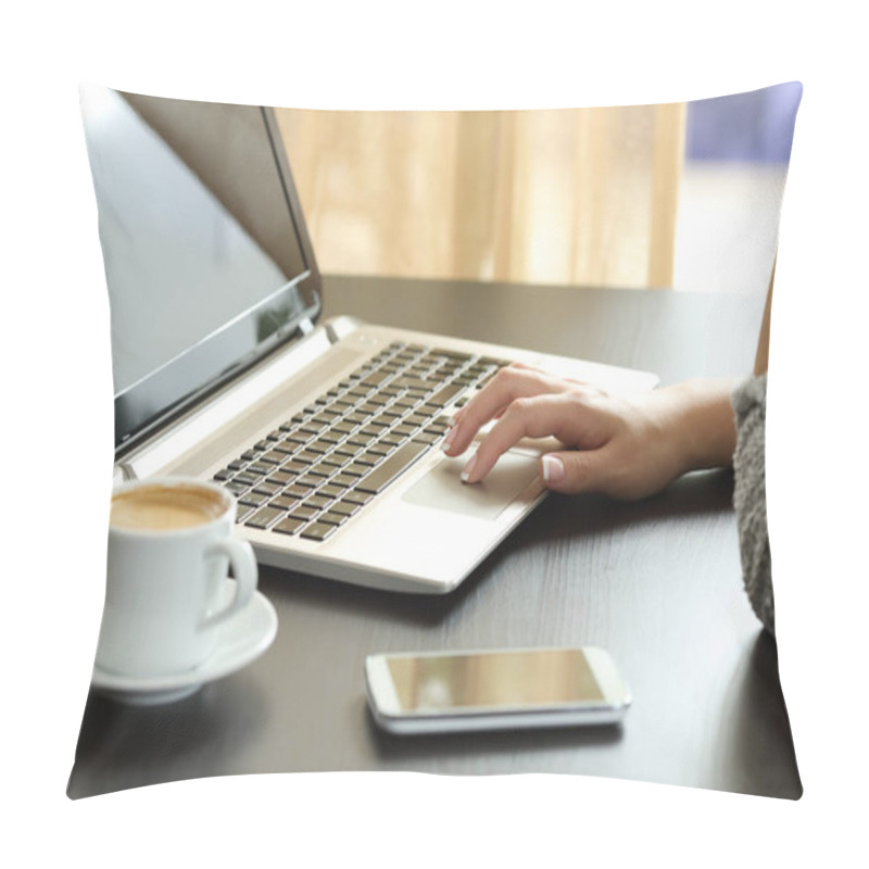 Personality  Close Up Of A Lady Hand Browsing In A Laptop Pillow Covers