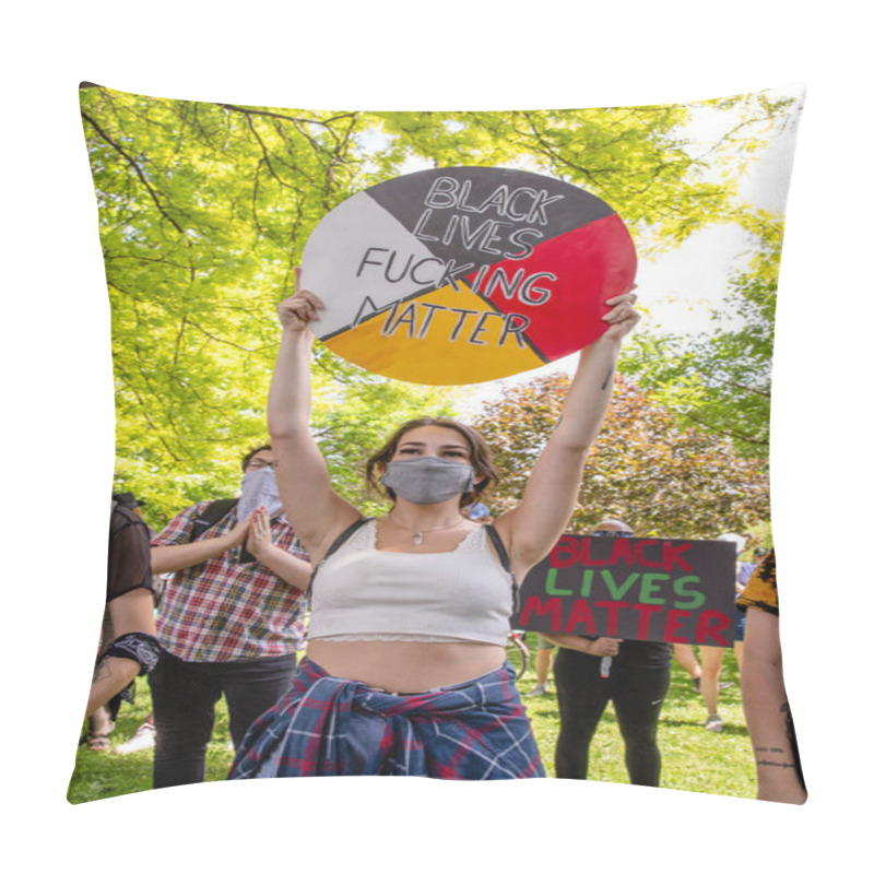 Personality  TORONTO, ONTARIO, CANADA - JUNE 6, 2020: Anti-Racism March, in solidarity with Black Lives Matter and against the death of George Floyd and police injustice. pillow covers