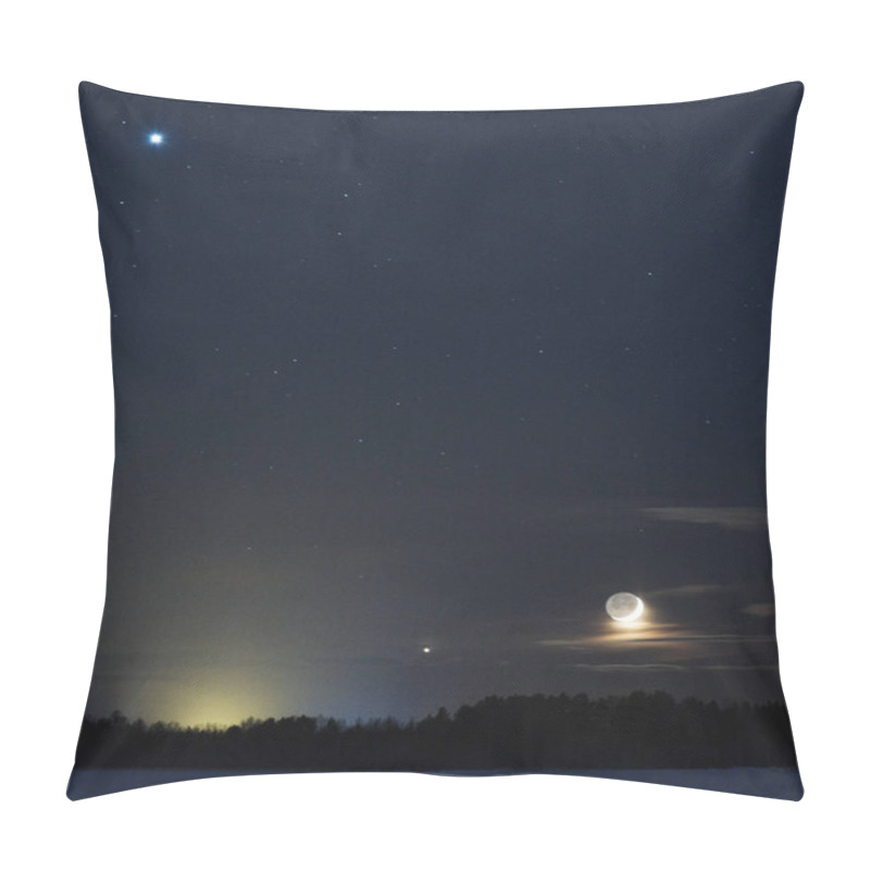 Personality  Conjuction Of Jupiter, Venus And Moon On Night Sky Above Snowy Winter Landscape. Conjunction Date 25. 3. 2012. Pillow Covers