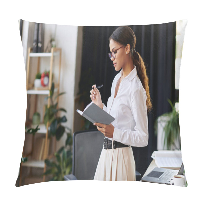 Personality  A Young African American Woman In A White Shirt Diligently Writes In A Notebook In Her Office. Pillow Covers