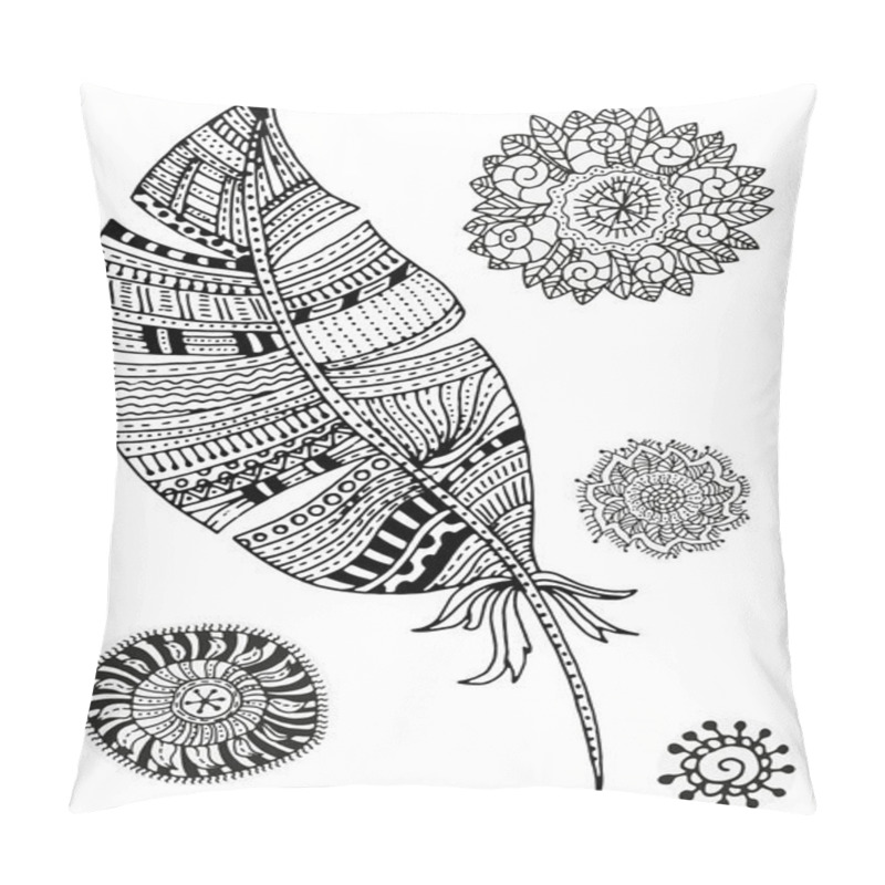 Personality  Feather And Mandalas On A White Background. Pillow Covers