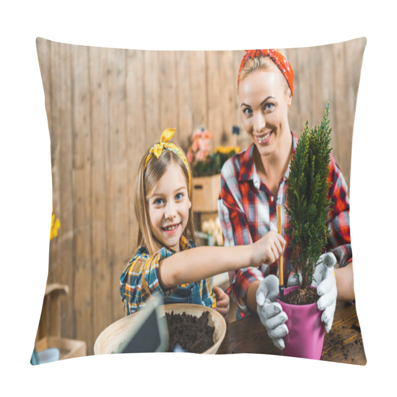 Personality  Selective Focus Of Cute Daughter Holding Small Rake Near Plant In Pot Near Mother In Gloves Pillow Covers