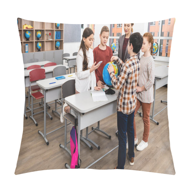 Personality  Teacher And Pupils Looking At Globe While Studying Geography In Classroom Pillow Covers