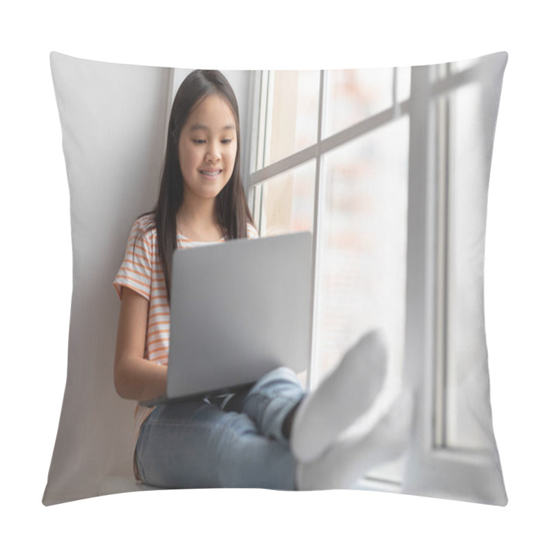 Personality  Beautiful Chinese Child Using Laptop, Chilling At Home Pillow Covers