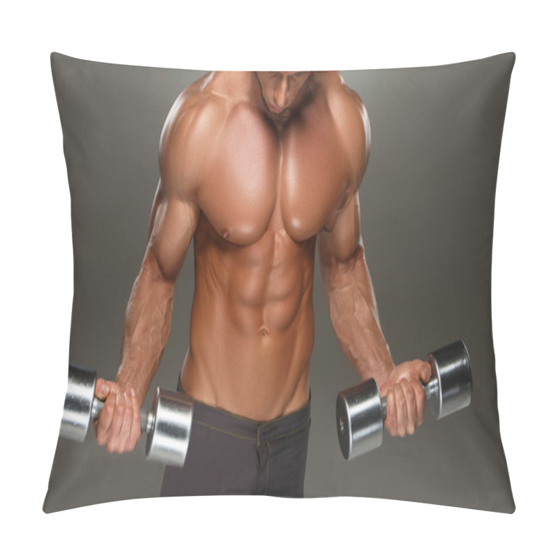 Personality  Athletic Man Bodybuilder Doing Exercises With Dumbbell Pillow Covers