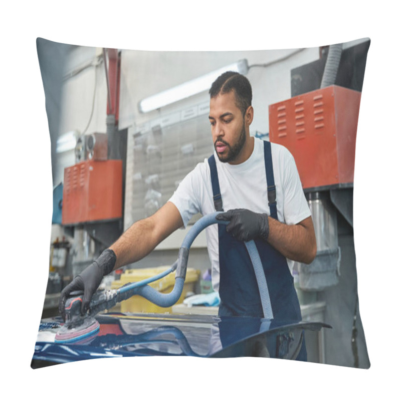 Personality  Handsome Young Mechanic Working Diligently On A Cars Surface In A Vibrant Auto Shop Pillow Covers