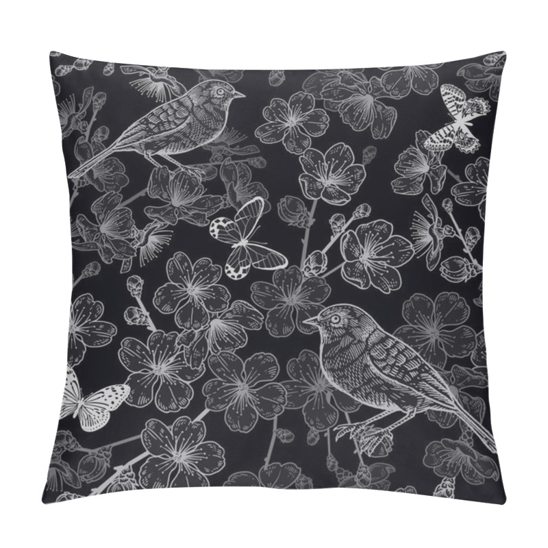 Personality  Japanese Cherry, Bird And Butterflies. Seamless Pattern. Black A Pillow Covers