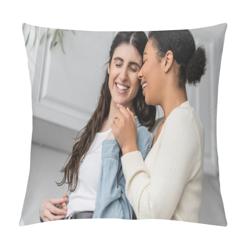 Personality  Overjoyed Multiracial Woman With Engagement Ring On Finger Hugging With Girlfriend  Pillow Covers