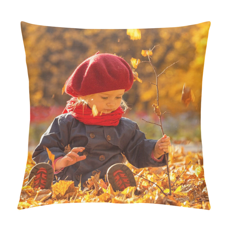 Personality  Happy Autumn. A Little Girl In A Red Beret Is Playing With Falling Leaves And Laughing. Pillow Covers