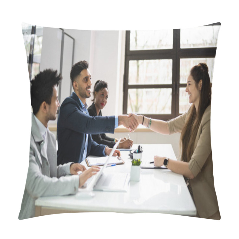 Personality  Businesspeople Shaking Hands After Interview In Office Pillow Covers