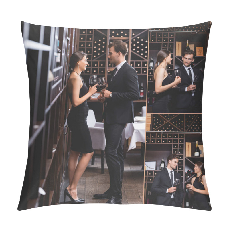 Personality  Collage Of Elegant Couple Holding Glasses Of Wine Near Racks With Bottles In Restaurant  Pillow Covers