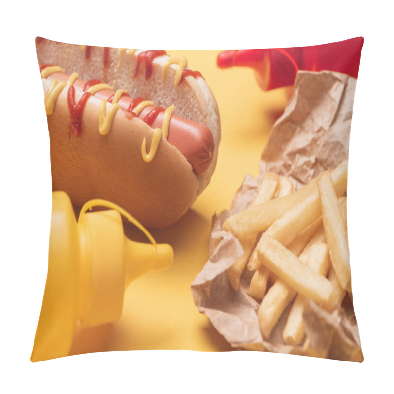 Personality  Tasty Hot Dog, French Fries In Paper And Bottles With Ketchup And Mustard On Yellow Pillow Covers