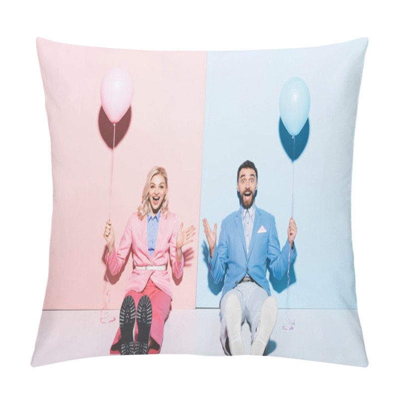 Personality  Shocked Woman And Handsome Man Holding Balloons On Pink And Blue Background  Pillow Covers