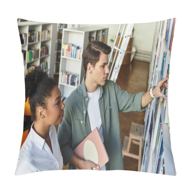 Personality  A Teacher Assists Her Eager Student As They Explore A Vibrant Library Filled With Books. Pillow Covers