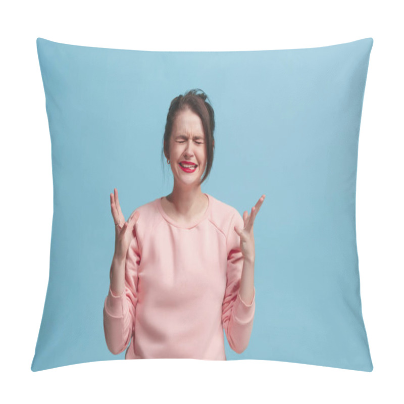 Personality  Beautiful Woman In Stress Isolated On Blue Pillow Covers