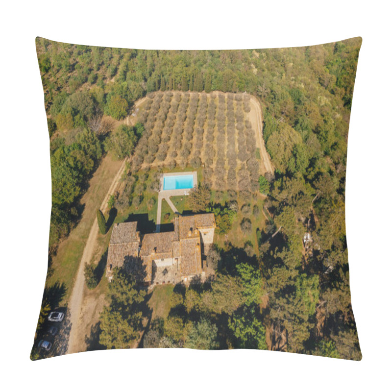 Personality  Aerial View Of Villa With Swimming Pool Near Fields And Forest In Italy  Pillow Covers