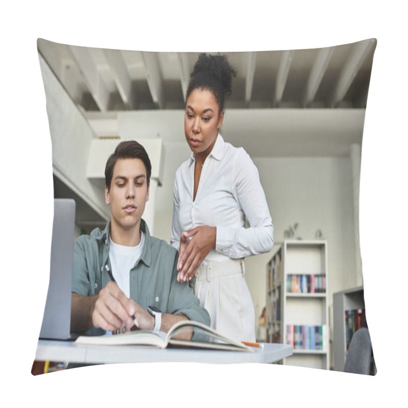 Personality  A Student Engages With A Mentor In A Library, Examining Materials For Academic Growth. Pillow Covers