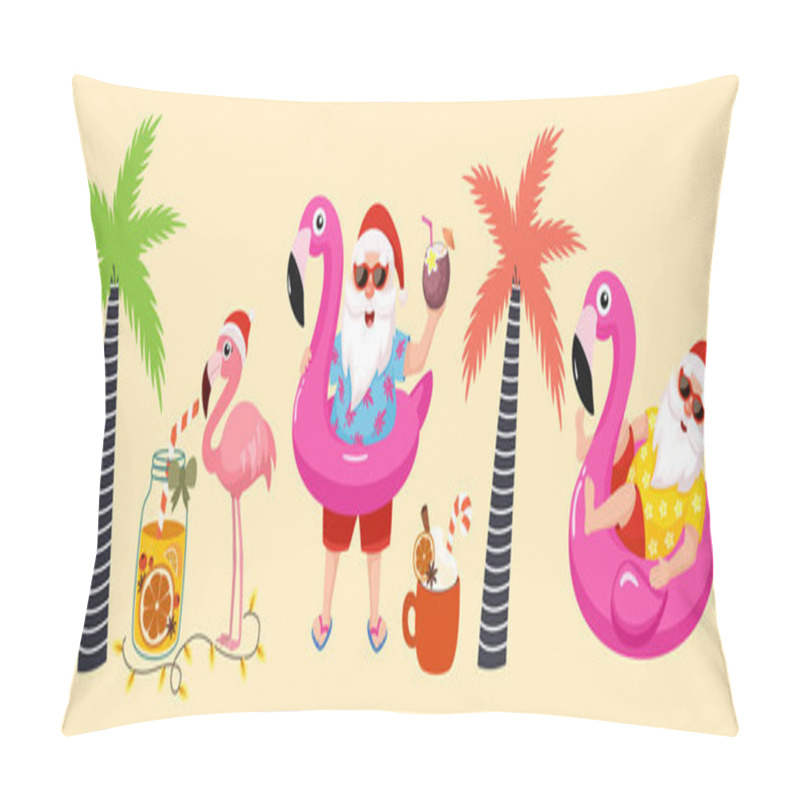 Personality  Tropical Christmas. Funny Tropical Collection Of Images With Santa, Flamingo, Palm Tree And Flamingo Inflatable Ring. Vector Illustrations. Pillow Covers