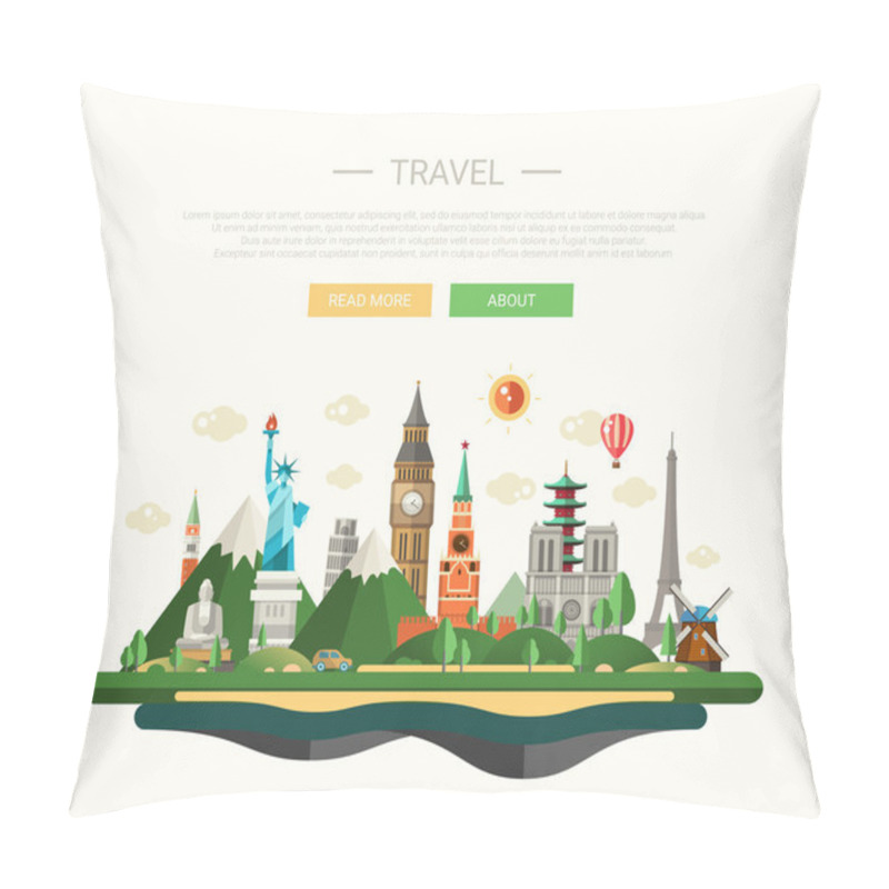 Personality  Flat Design Composition Illustration With World Famous Landmarks Pillow Covers