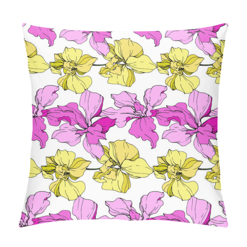 Personality  Beautiful Pink And Yellow Orchid Flowers On White Background. Seamless Background Pattern. Fabric Wallpaper Print Texture. Engraved Ink Art. Pillow Covers