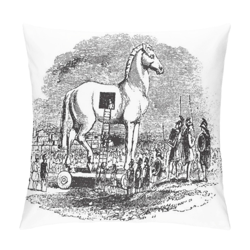 Personality  The Soldiers In The Very Ratio Of These Images Have Gone For War. The Soldier Is Keeping His Weapon In Big Wooden Horses With Them, Vintage Line Drawing Or Engraving Illustration. Pillow Covers