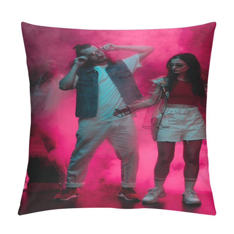 Personality  Man And Girl Dancing In Nightclub With Neon Pink Smoke Pillow Covers