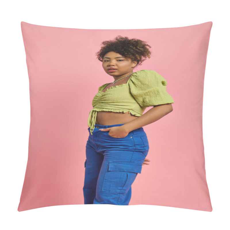 Personality  Stylish African American Woman Posing In Front Of A Vibrant Pink Wall. Pillow Covers