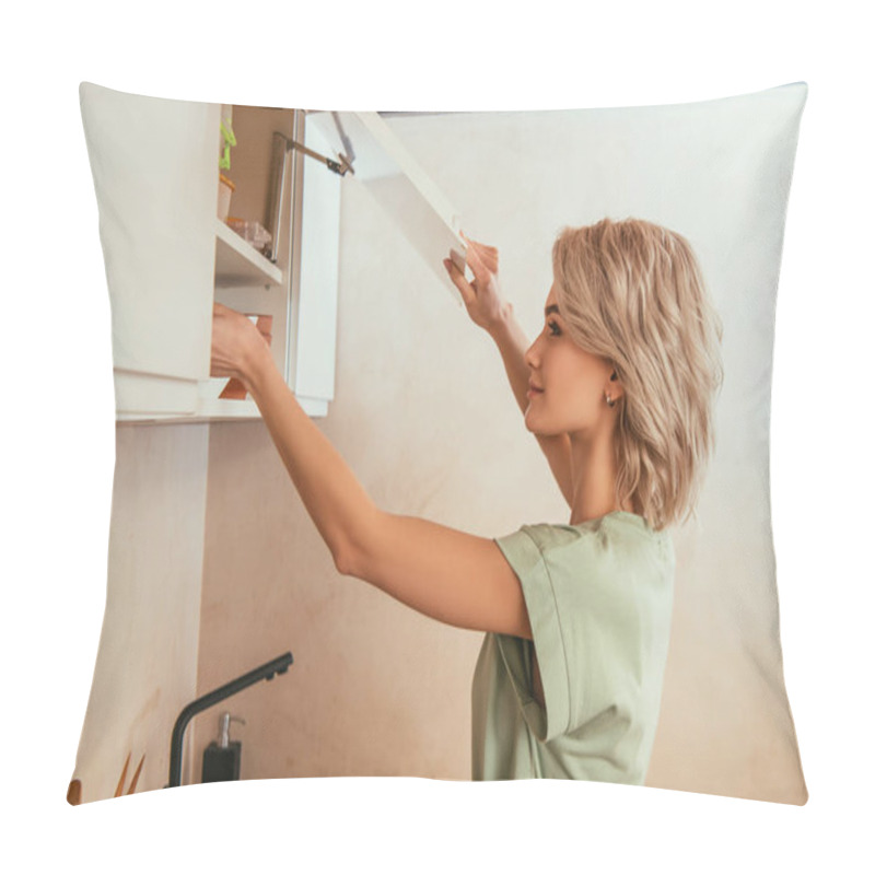 Personality  Side View Of Young Woman Opening Door Of Kitchen Cabinet Pillow Covers