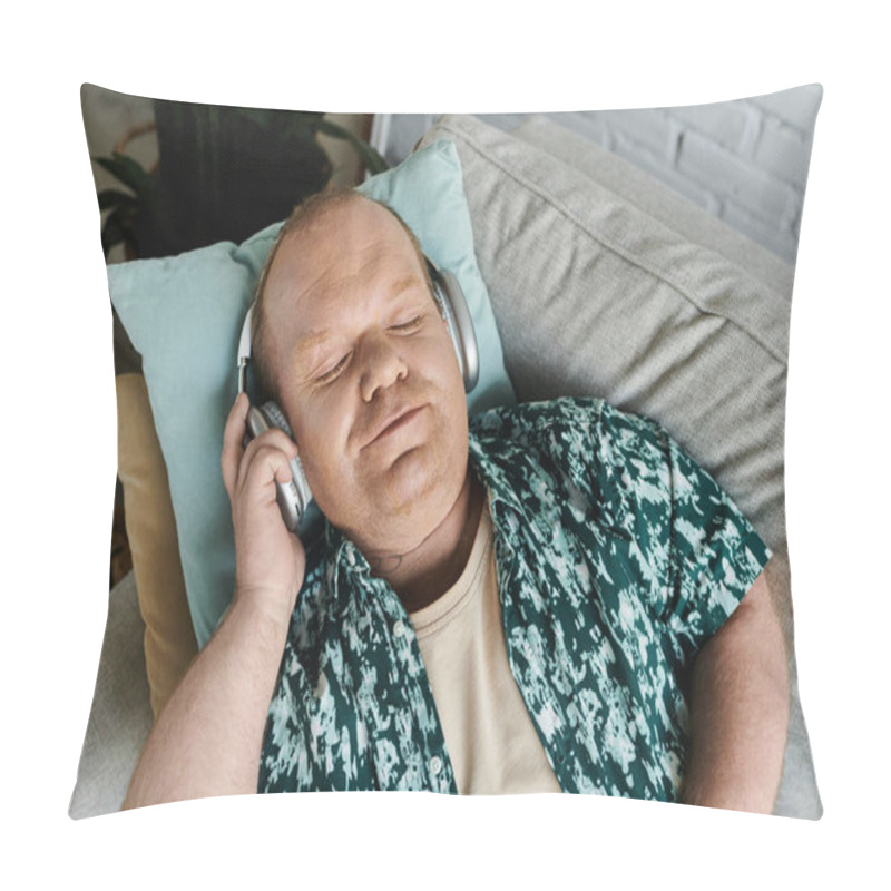 Personality  A Man With Inclusivity Lies On A Couch, Wearing Headphones, Eyes Closed, Listening To Music. Pillow Covers