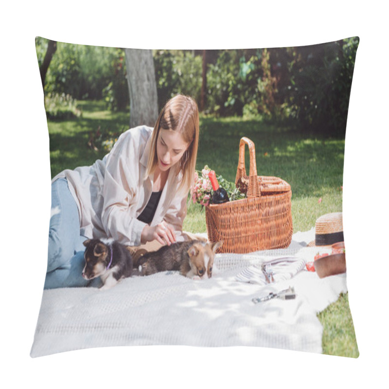 Personality  Attractive Blonde Girl Relaxing On White Blanket In Garden With Cute Welsh Corgi Puppies Pillow Covers