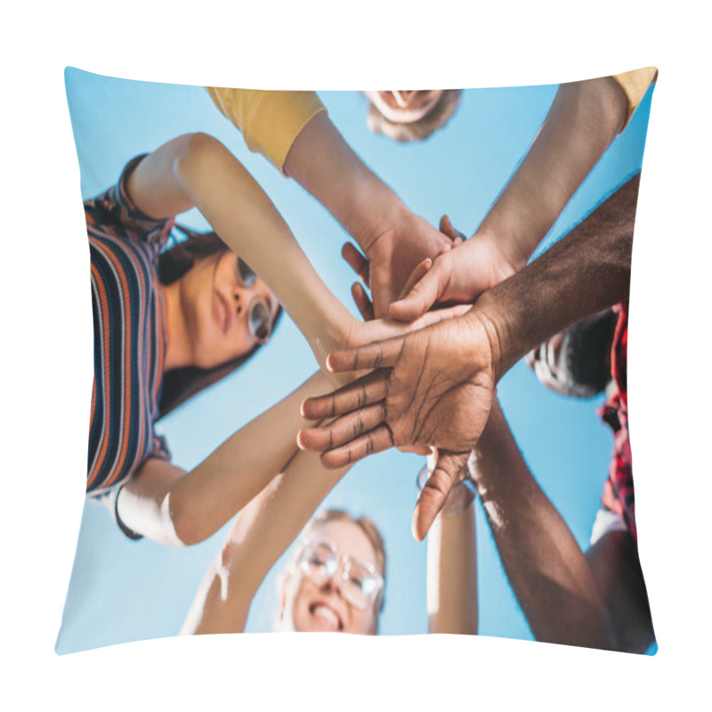 Personality  Bottom View Of Multiracial Young Friends Holding Hands Together With Blue Sky On Backdrop Pillow Covers