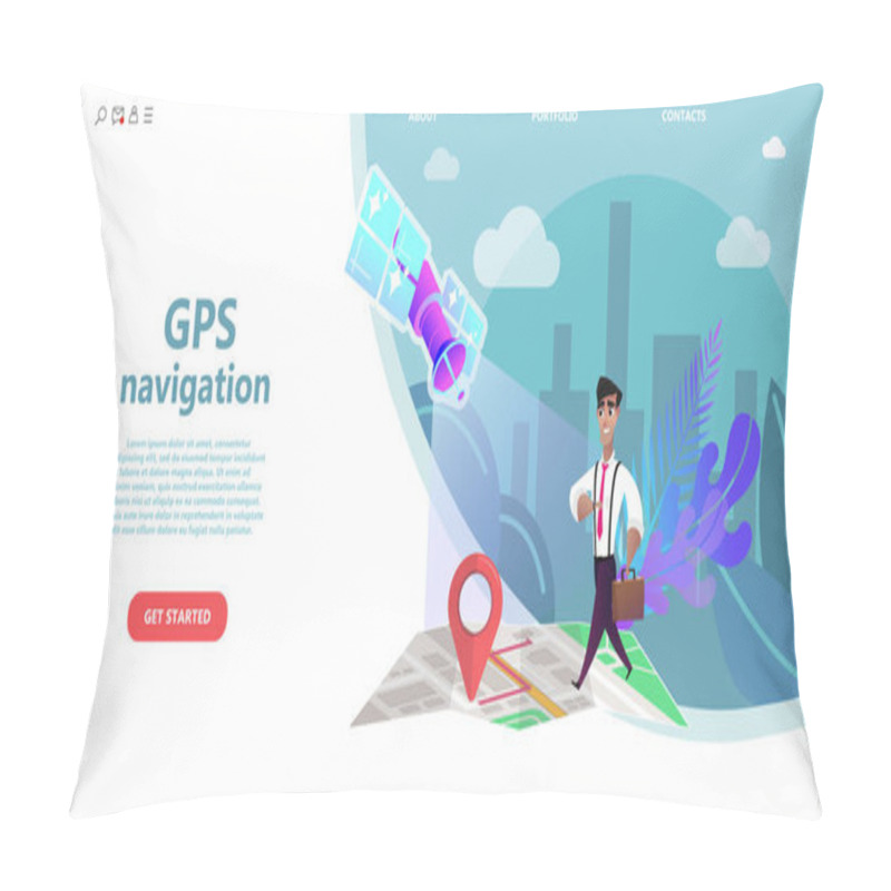 Personality  GPS Navigation, Cartoon Character Man Walks On A Map Of The City To The Final Point Of The Route. Satellite Navigation Systems Isolated Vector Illustration On White Background. Business Page Template Pillow Covers