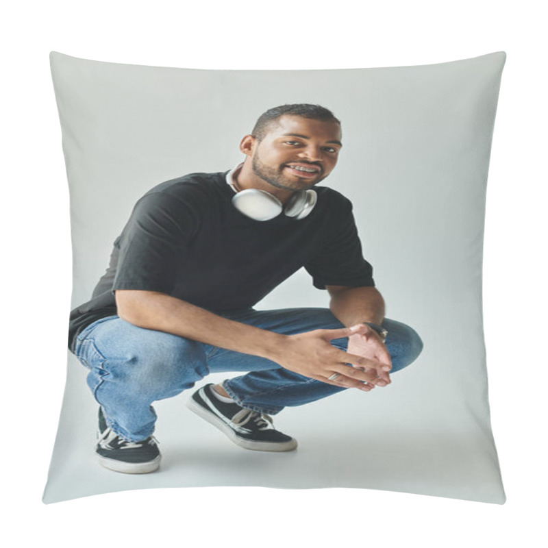 Personality  An African American Man Kneeling With Headphones On A Vibrant Backdrop. Pillow Covers